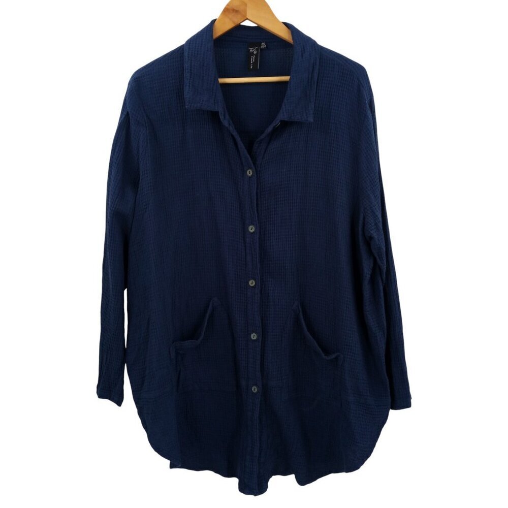 Focus Casual Life Button Front Tunic Gauze Shirt Size 1XL Blue Lagenlook Cotton